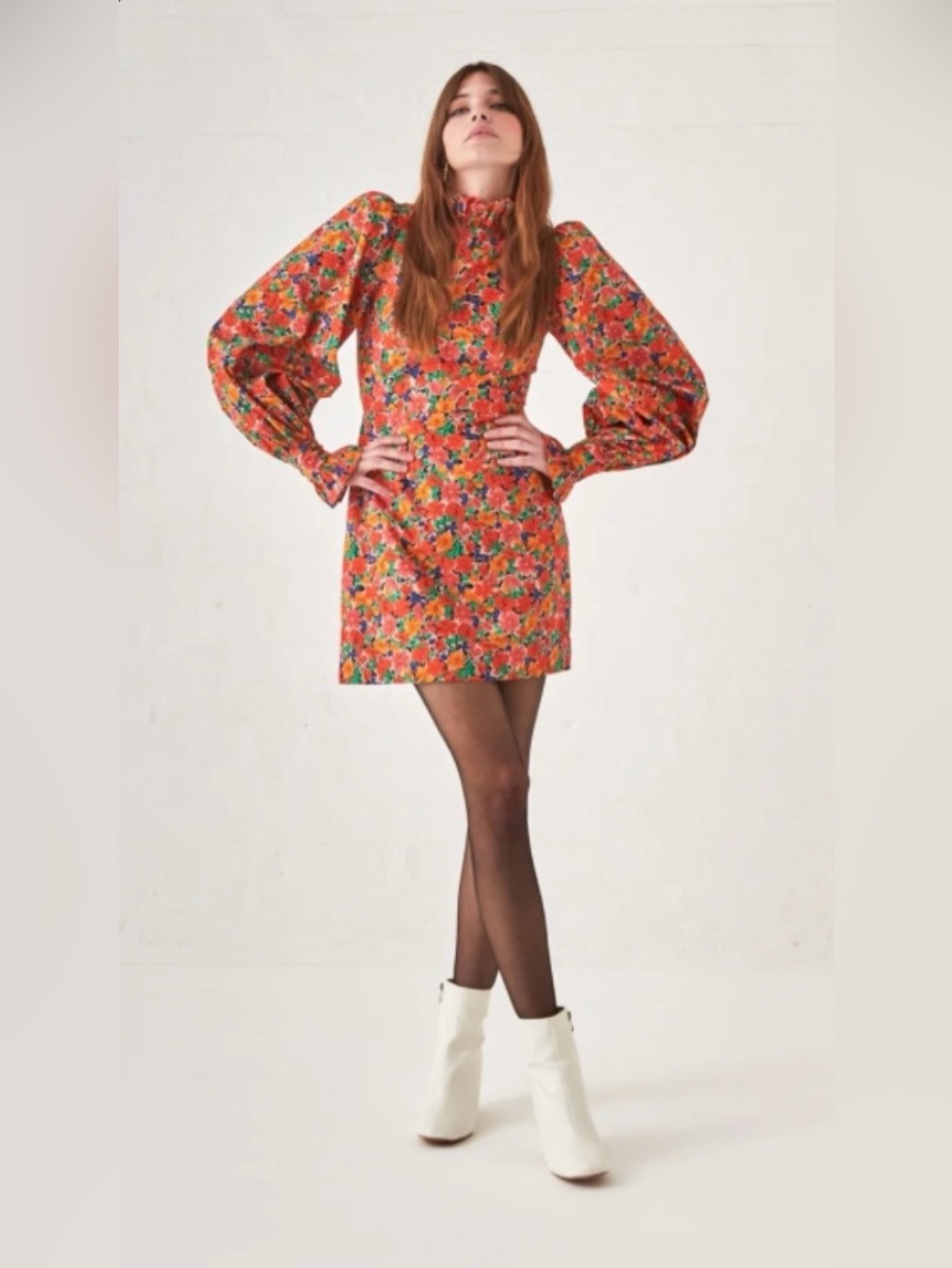 Queens of Archive Orange Floral Puff-Sleeve Mini Dress nwt